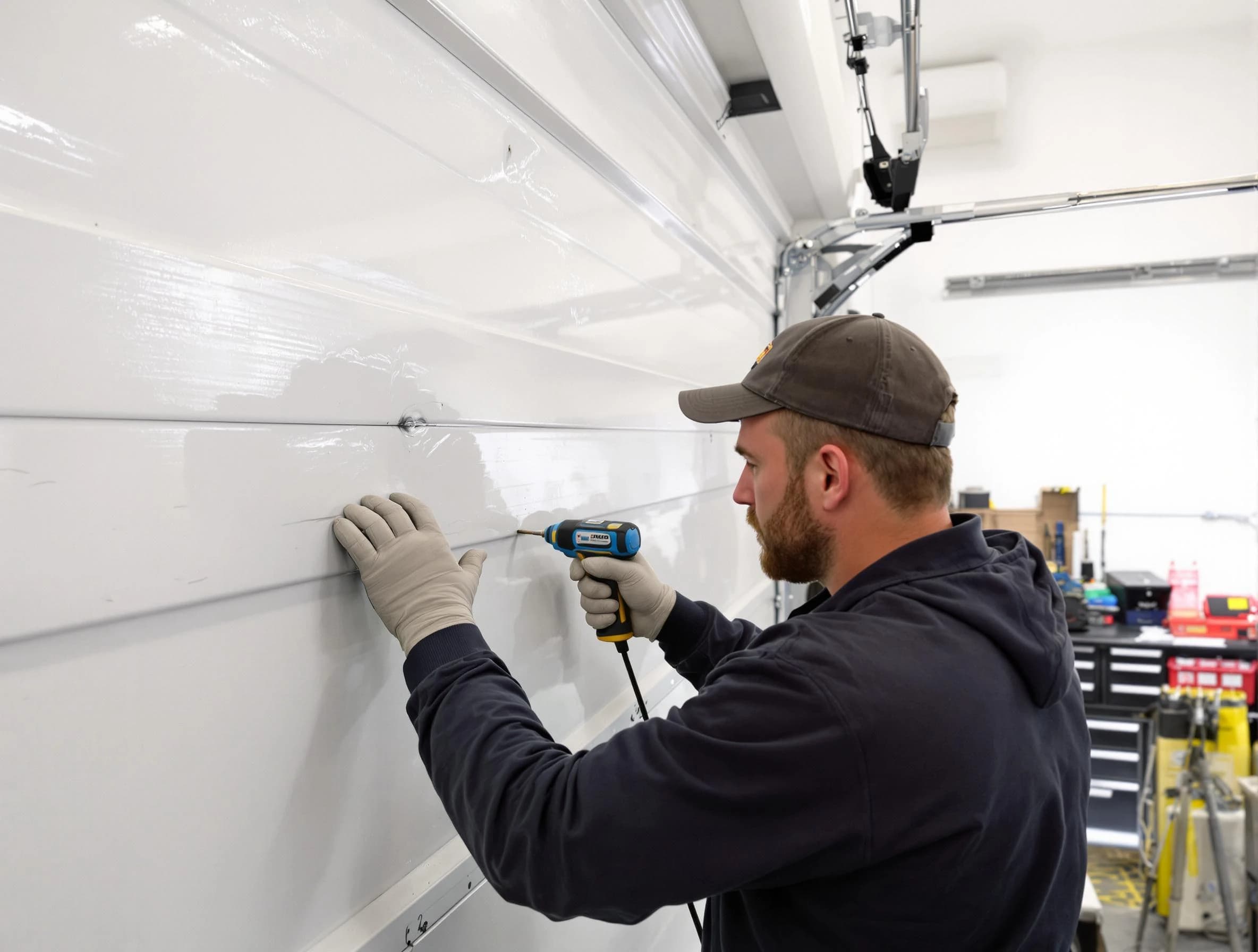 Somerset Garage Door Repair technician demonstrating precision dent removal techniques on a Somerset garage door